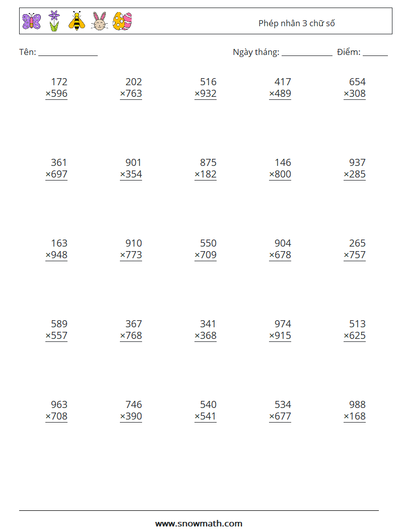 (25) Phép nhân 3 chữ số Bảng tính toán học 12