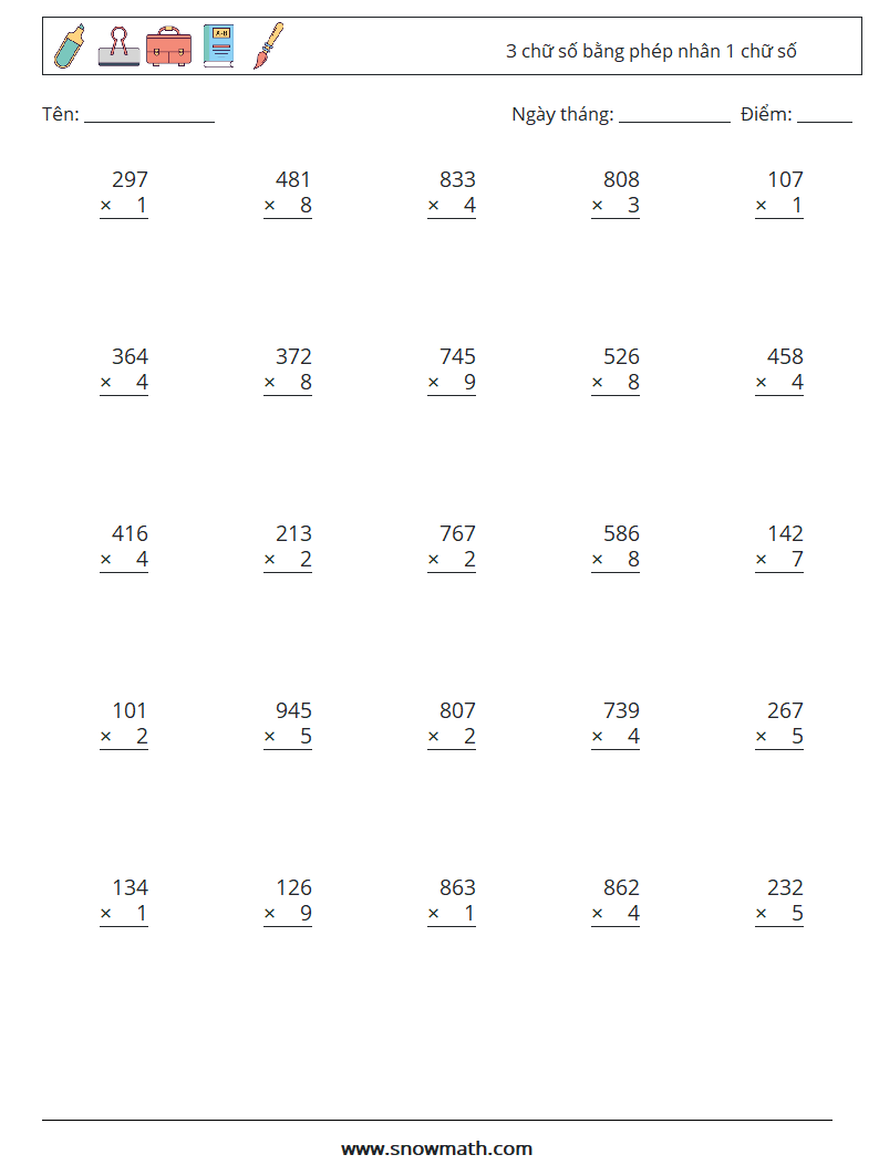 (25) 3 chữ số bằng phép nhân 1 chữ số Bảng tính toán học 11