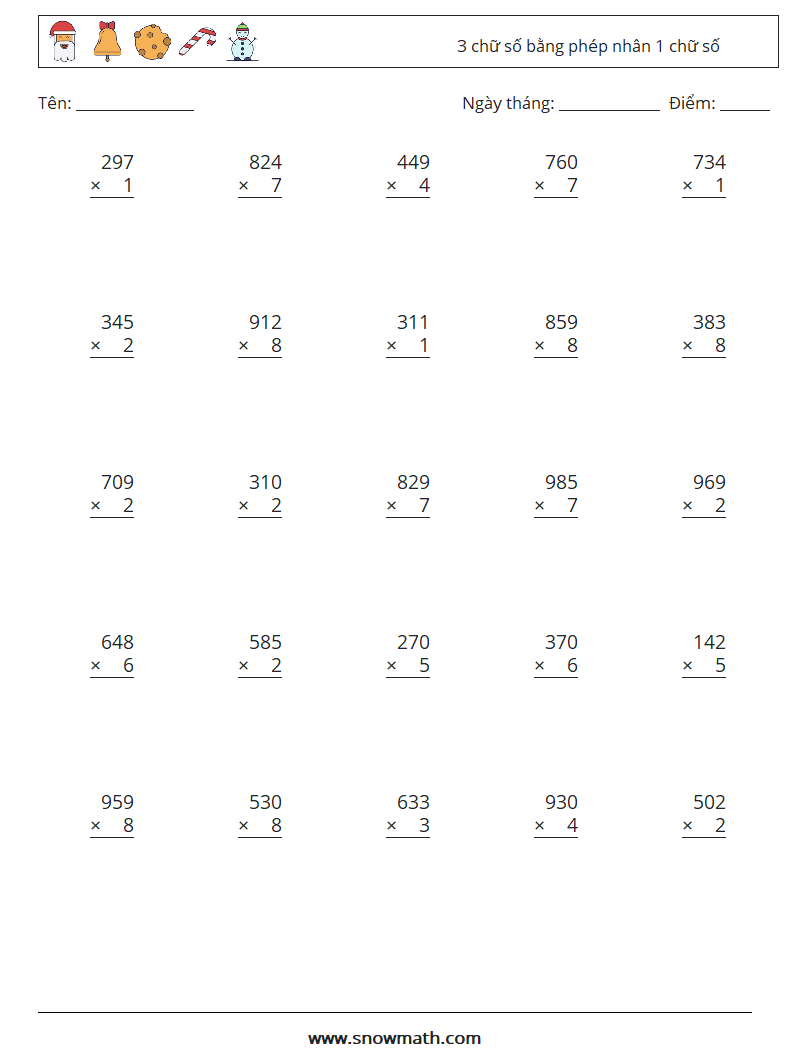 (25) 3 chữ số bằng phép nhân 1 chữ số Bảng tính toán học 12