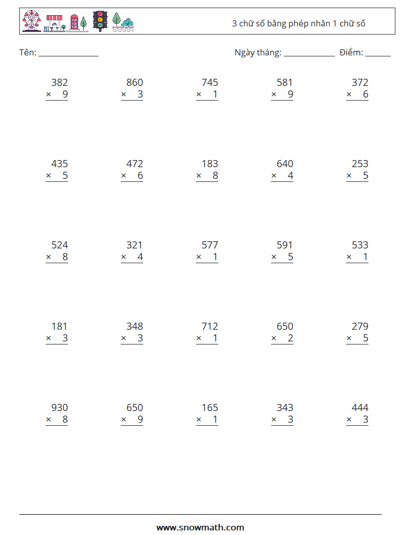 (25) 3 chữ số bằng phép nhân 1 chữ số Bảng tính toán học 3