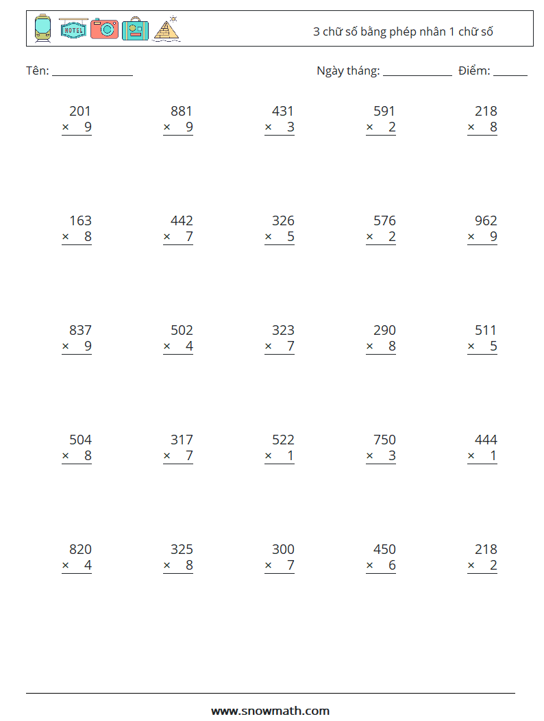 (25) 3 chữ số bằng phép nhân 1 chữ số Bảng tính toán học 6