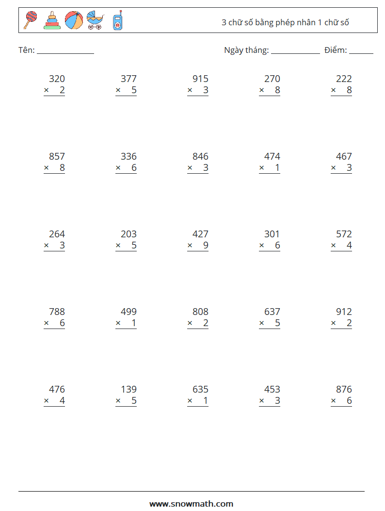 (25) 3 chữ số bằng phép nhân 1 chữ số Bảng tính toán học 7