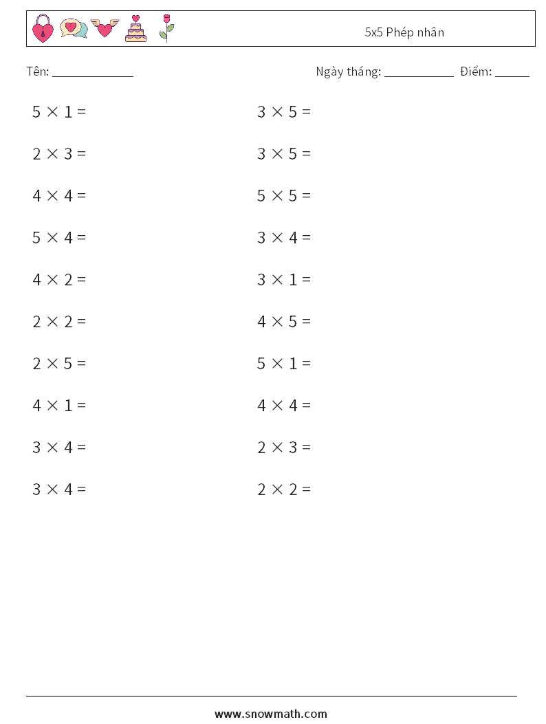 (20) 5x5 Phép nhân Bảng tính toán học 2