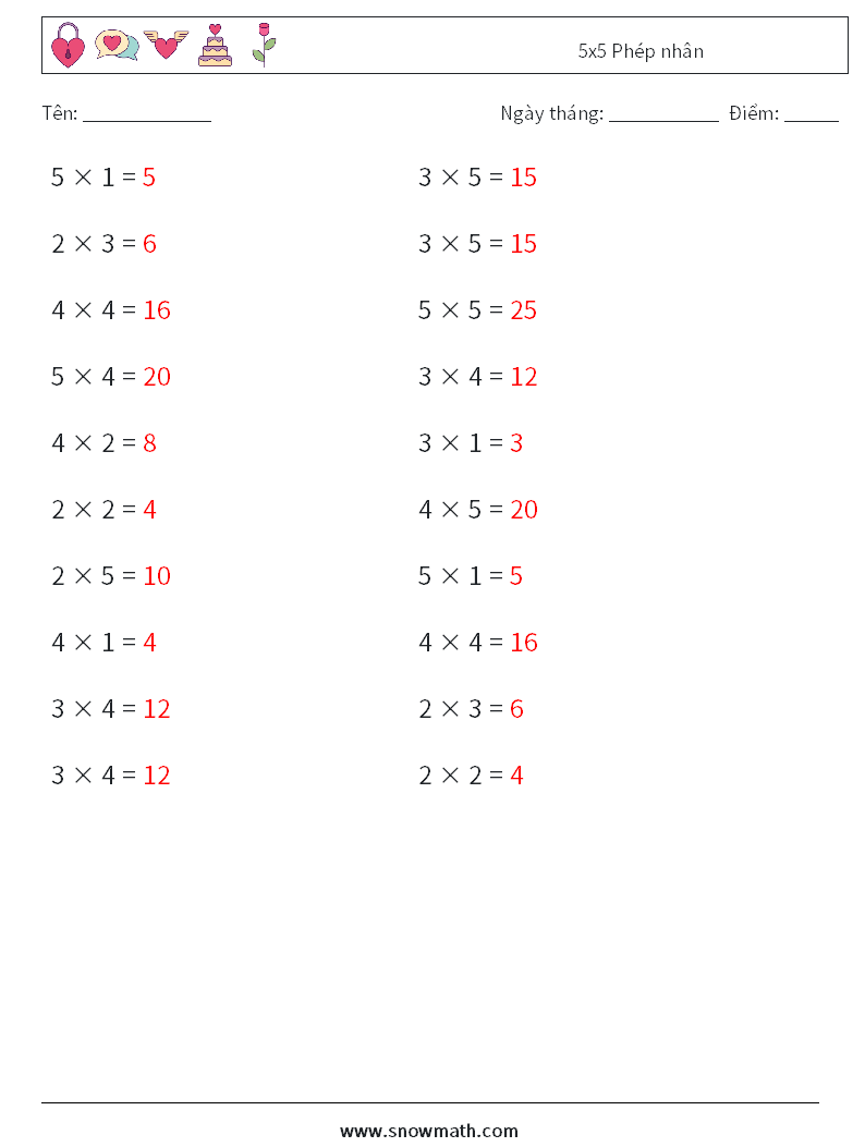 (20) 5x5 Phép nhân Bảng tính toán học 2 Câu hỏi, câu trả lời