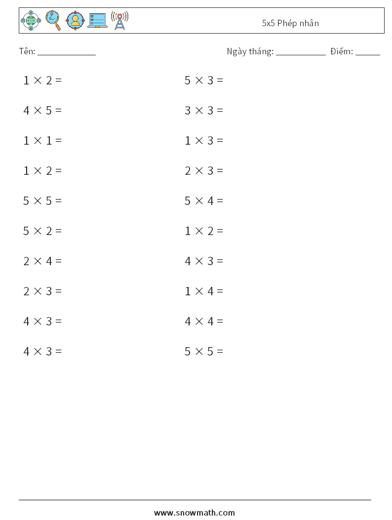 (20) 5x5 Phép nhân Bảng tính toán học 3