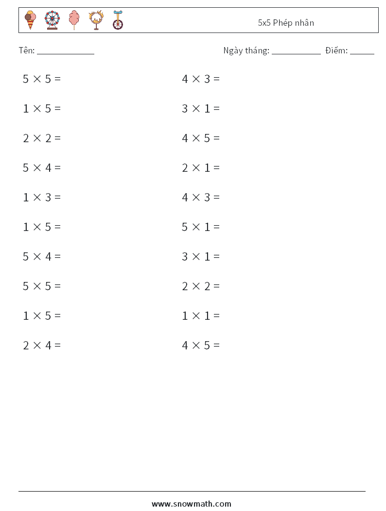 (20) 5x5 Phép nhân Bảng tính toán học 4