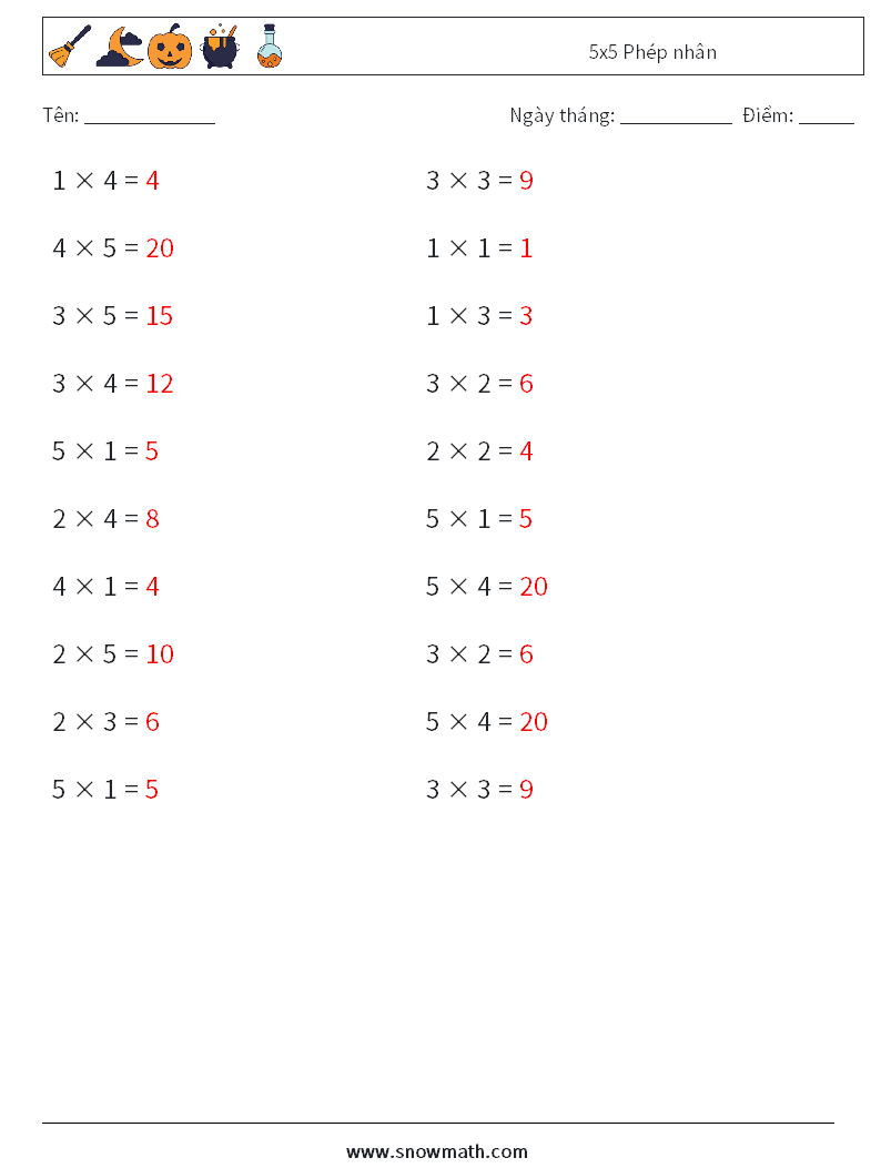 (20) 5x5 Phép nhân Bảng tính toán học 5 Câu hỏi, câu trả lời