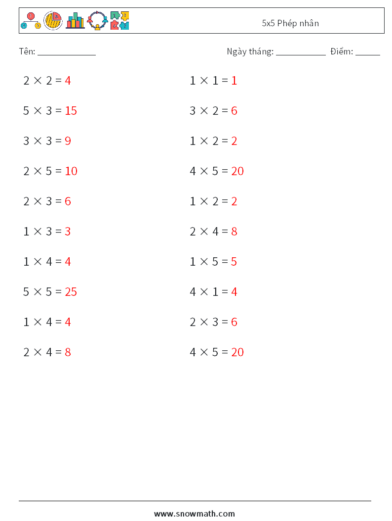 (20) 5x5 Phép nhân Bảng tính toán học 6 Câu hỏi, câu trả lời