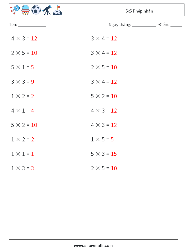 (20) 5x5 Phép nhân Bảng tính toán học 7 Câu hỏi, câu trả lời