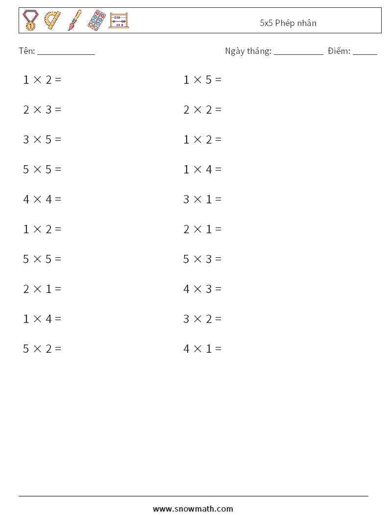 (20) 5x5 Phép nhân Bảng tính toán học 9