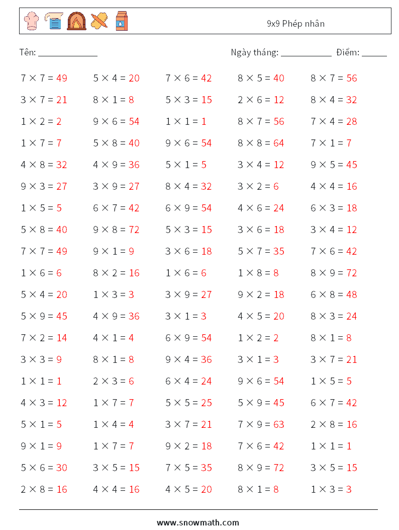 (100) 9x9 Phép nhân Bảng tính toán học 4 Câu hỏi, câu trả lời