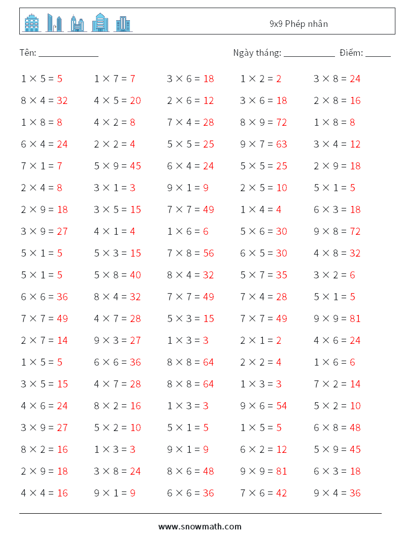 (100) 9x9 Phép nhân Bảng tính toán học 6 Câu hỏi, câu trả lời