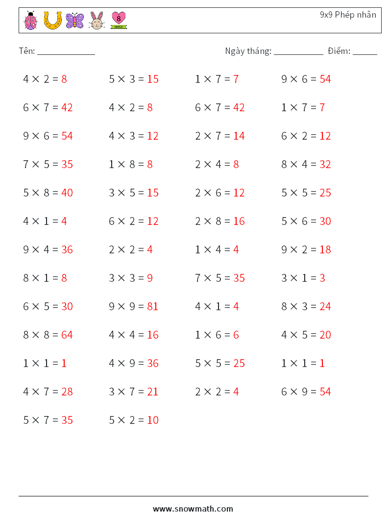 (50) 9x9 Phép nhân Bảng tính toán học 3 Câu hỏi, câu trả lời