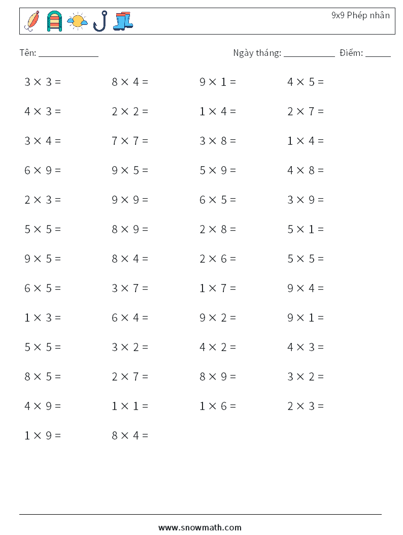 (50) 9x9 Phép nhân Bảng tính toán học 9