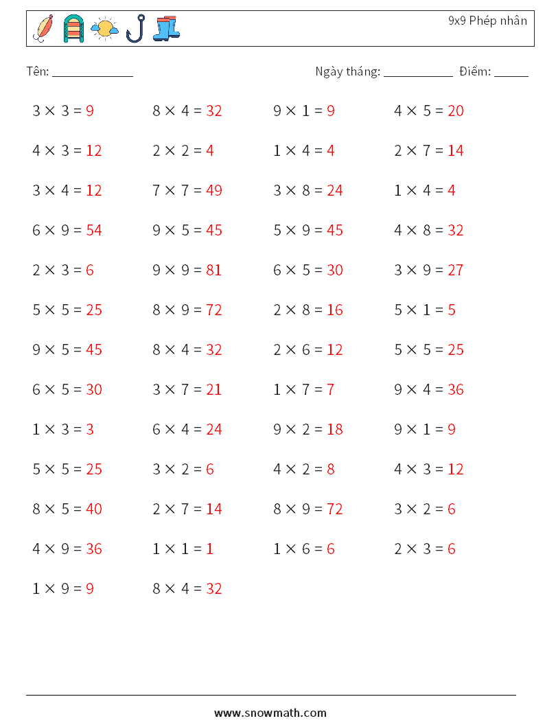 (50) 9x9 Phép nhân Bảng tính toán học 9 Câu hỏi, câu trả lời