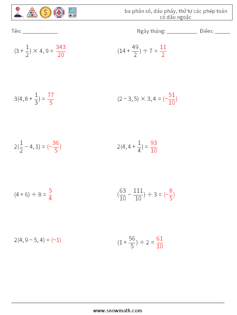 (10) ba phân số, dấu phẩy, thứ tự các phép toán có dấu ngoặc Bảng tính toán học 3 Câu hỏi, câu trả lời
