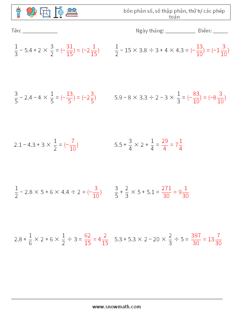 (10) bốn phân số, số thập phân, thứ tự các phép toán Bảng tính toán học 10 Câu hỏi, câu trả lời