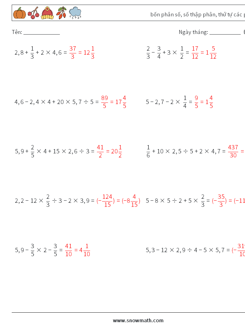 (10) bốn phân số, số thập phân, thứ tự các phép toán Bảng tính toán học 11 Câu hỏi, câu trả lời