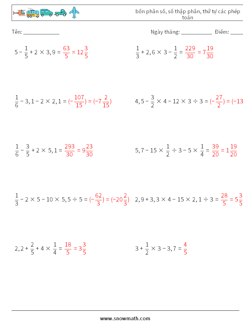 (10) bốn phân số, số thập phân, thứ tự các phép toán Bảng tính toán học 12 Câu hỏi, câu trả lời