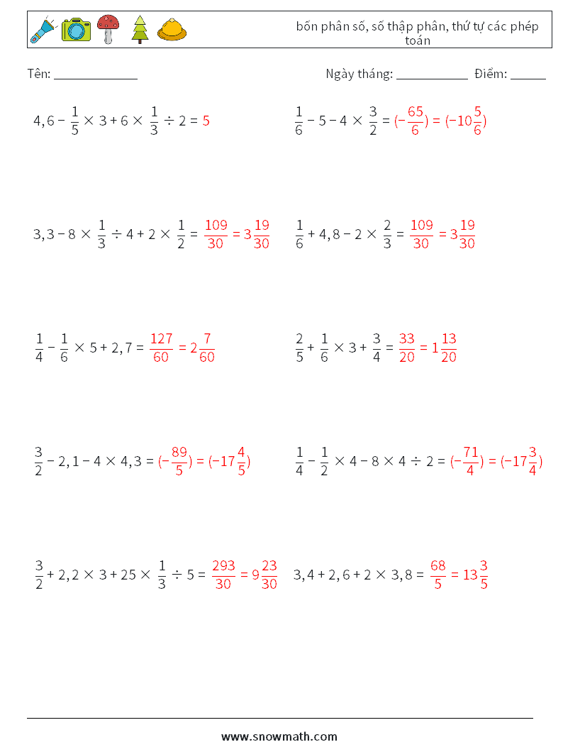 (10) bốn phân số, số thập phân, thứ tự các phép toán Bảng tính toán học 13 Câu hỏi, câu trả lời