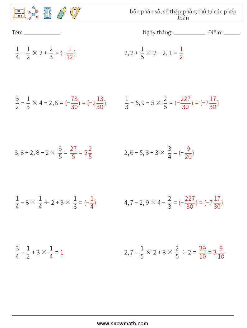 (10) bốn phân số, số thập phân, thứ tự các phép toán Bảng tính toán học 14 Câu hỏi, câu trả lời
