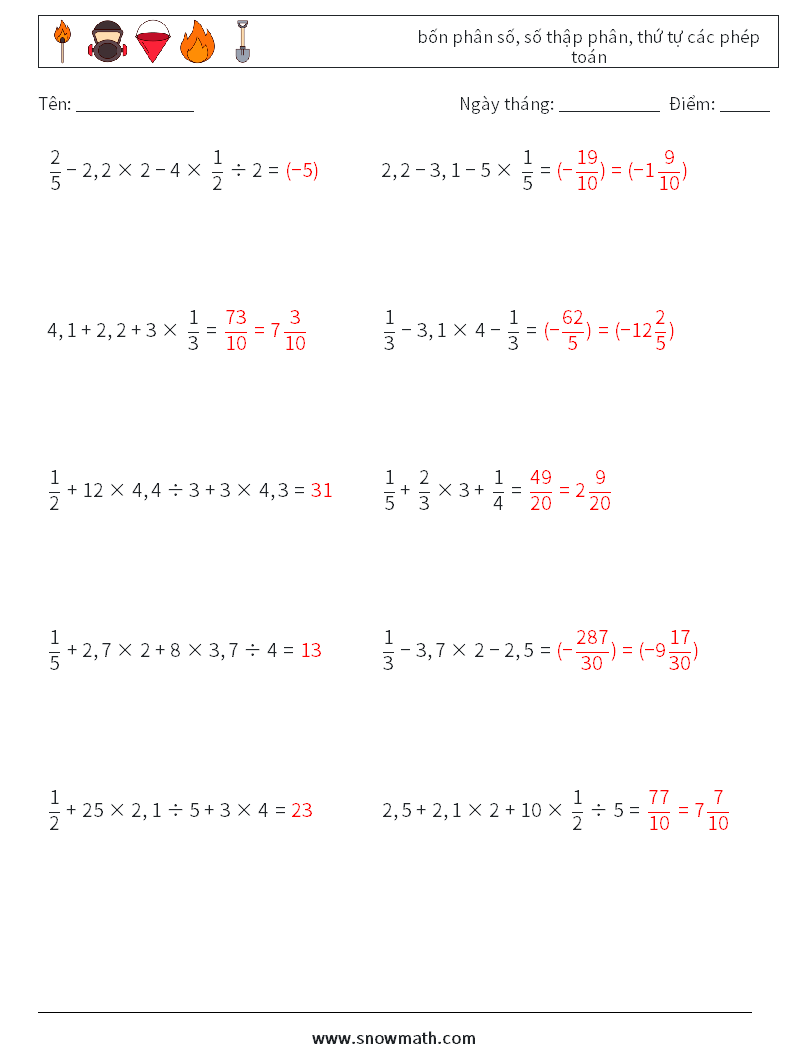 (10) bốn phân số, số thập phân, thứ tự các phép toán Bảng tính toán học 15 Câu hỏi, câu trả lời