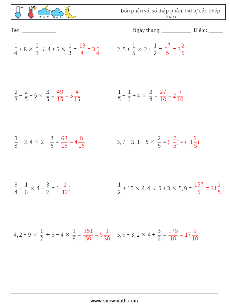 (10) bốn phân số, số thập phân, thứ tự các phép toán Bảng tính toán học 16 Câu hỏi, câu trả lời