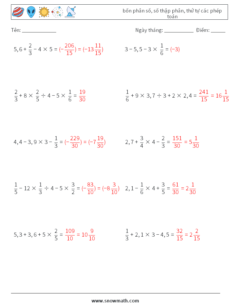 (10) bốn phân số, số thập phân, thứ tự các phép toán Bảng tính toán học 17 Câu hỏi, câu trả lời