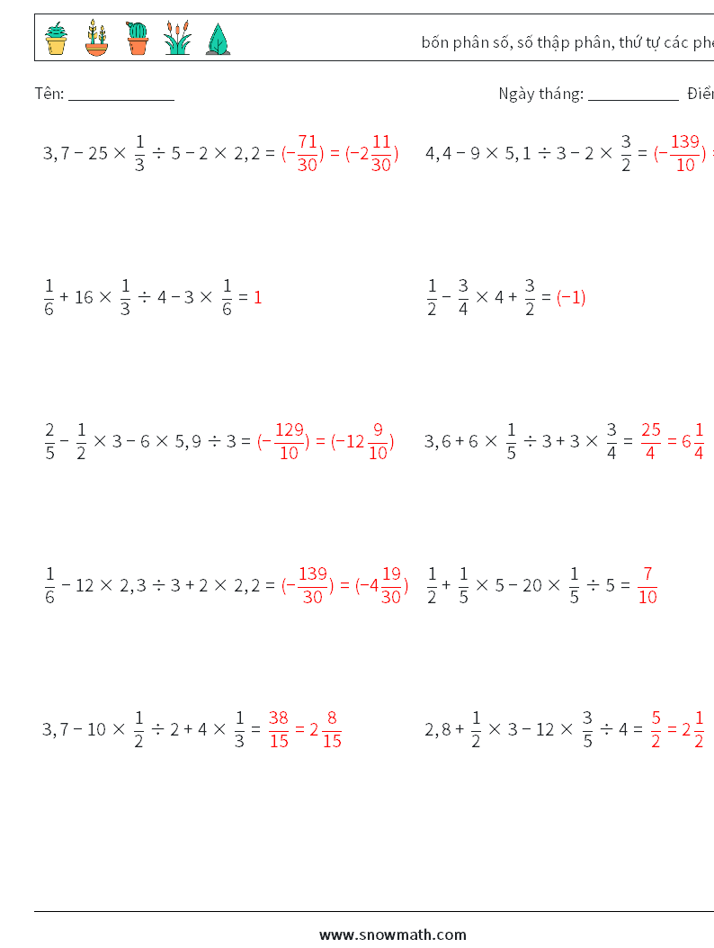 (10) bốn phân số, số thập phân, thứ tự các phép toán Bảng tính toán học 18 Câu hỏi, câu trả lời