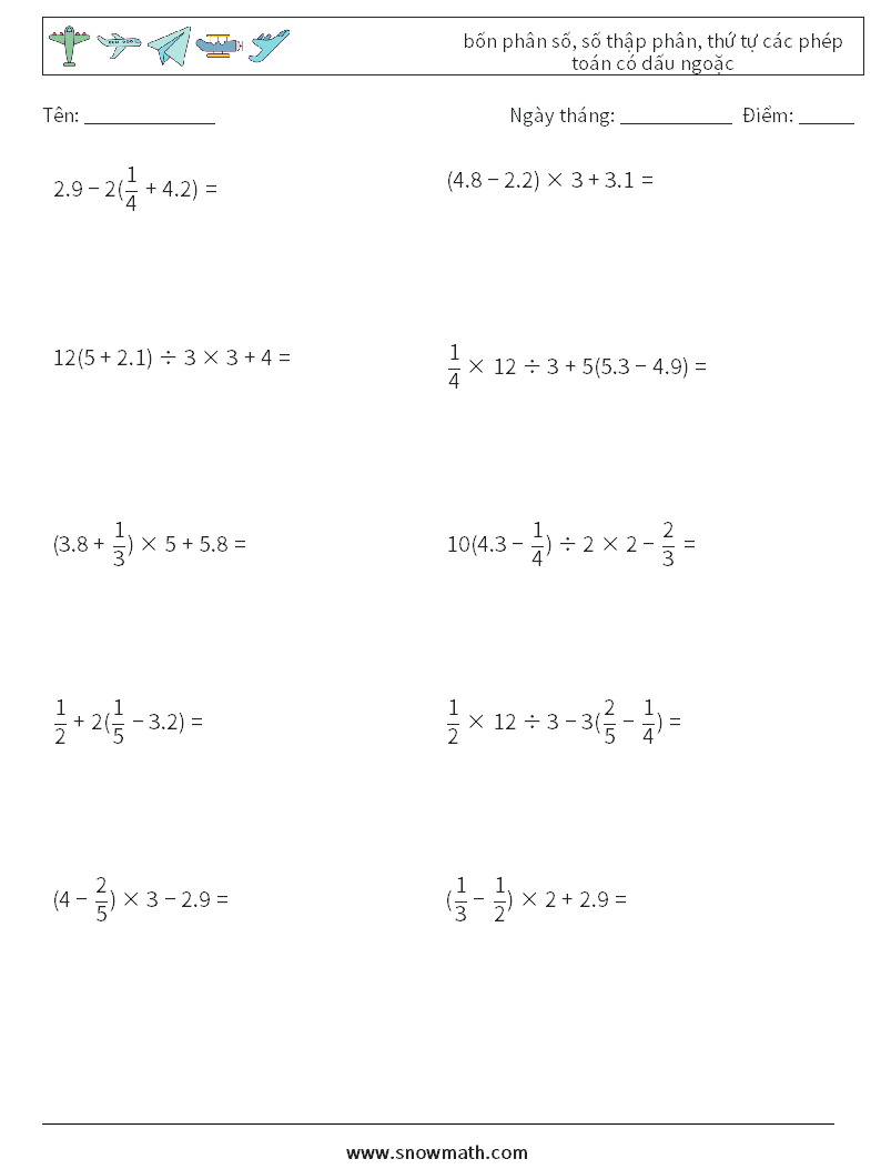 (10) bốn phân số, số thập phân, thứ tự các phép toán có dấu ngoặc Bảng tính toán học 10