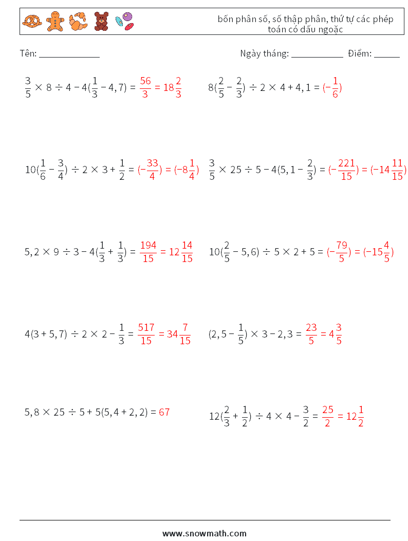 (10) bốn phân số, số thập phân, thứ tự các phép toán có dấu ngoặc Bảng tính toán học 11 Câu hỏi, câu trả lời