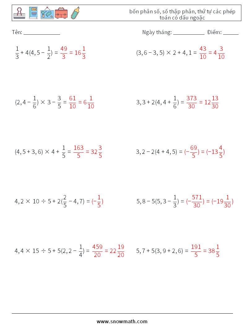 (10) bốn phân số, số thập phân, thứ tự các phép toán có dấu ngoặc Bảng tính toán học 12 Câu hỏi, câu trả lời