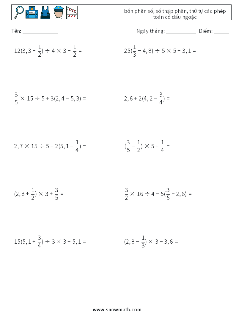 (10) bốn phân số, số thập phân, thứ tự các phép toán có dấu ngoặc Bảng tính toán học 13