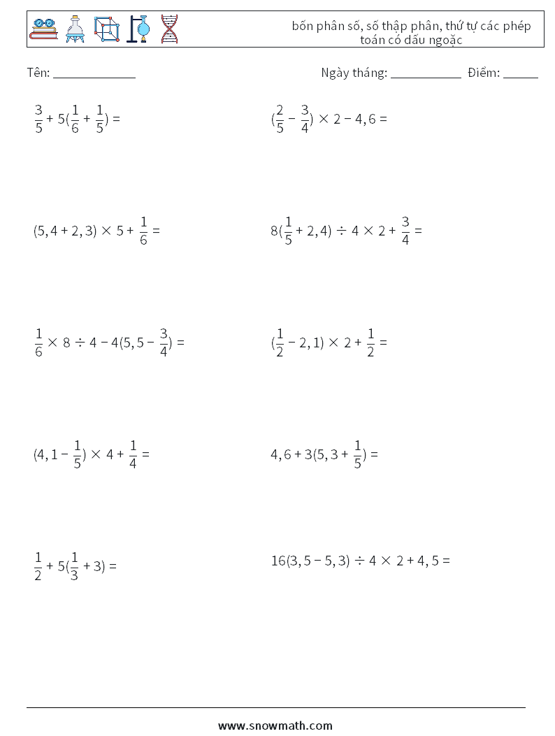(10) bốn phân số, số thập phân, thứ tự các phép toán có dấu ngoặc Bảng tính toán học 14