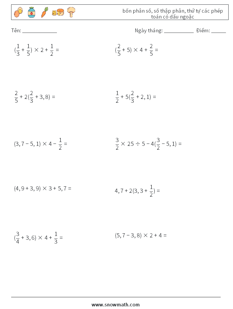 (10) bốn phân số, số thập phân, thứ tự các phép toán có dấu ngoặc Bảng tính toán học 15