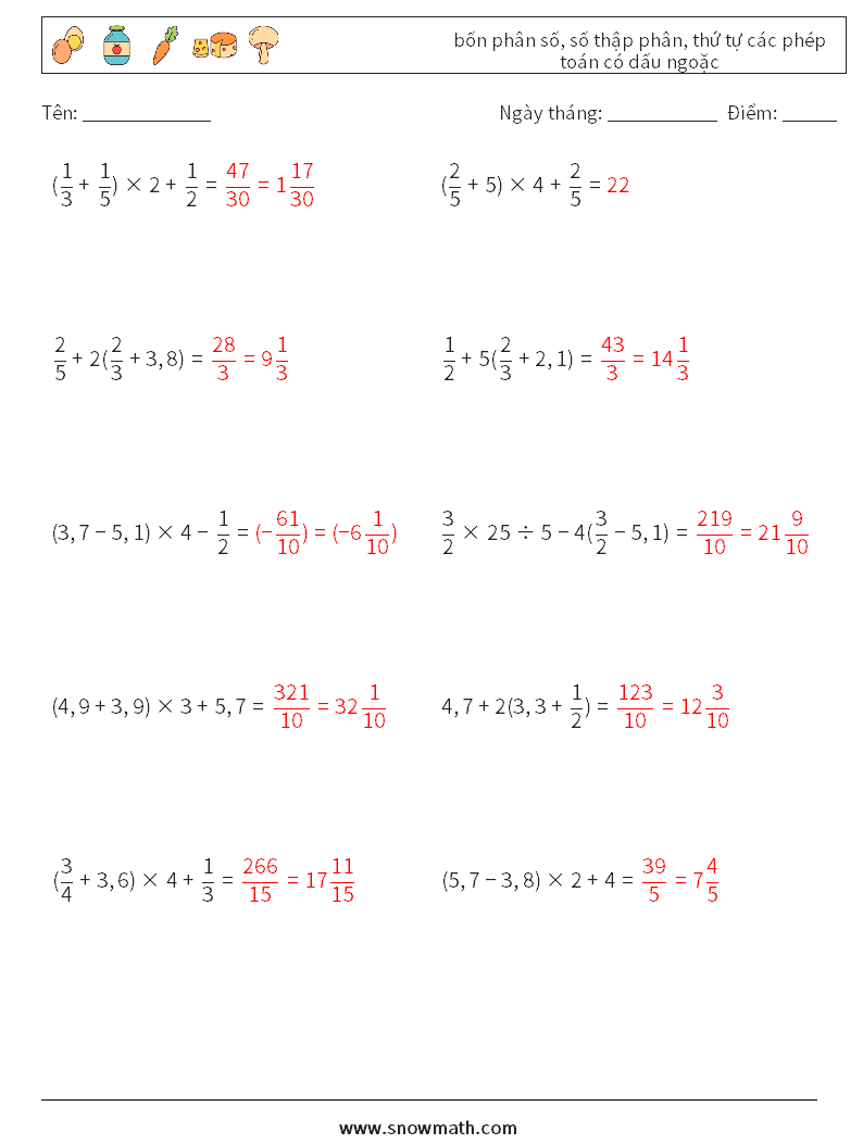 (10) bốn phân số, số thập phân, thứ tự các phép toán có dấu ngoặc Bảng tính toán học 15 Câu hỏi, câu trả lời