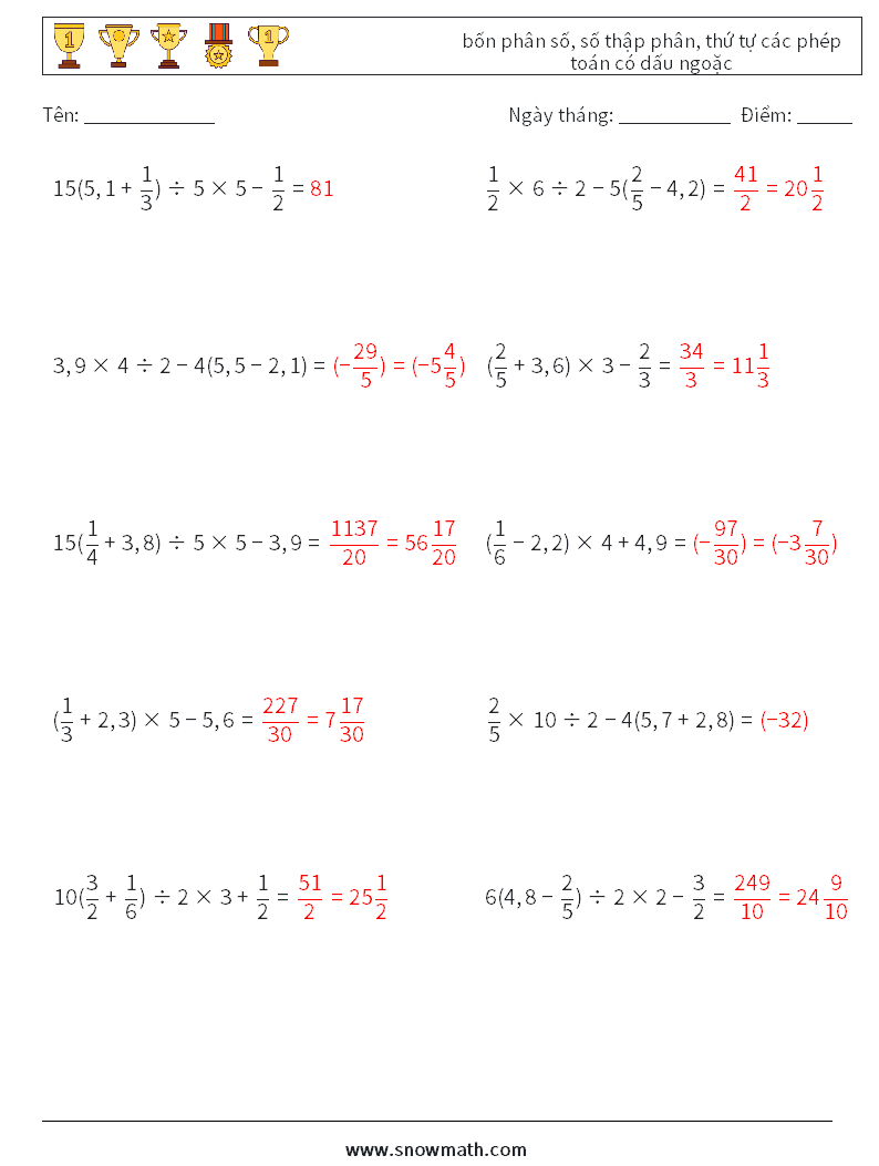 (10) bốn phân số, số thập phân, thứ tự các phép toán có dấu ngoặc Bảng tính toán học 16 Câu hỏi, câu trả lời