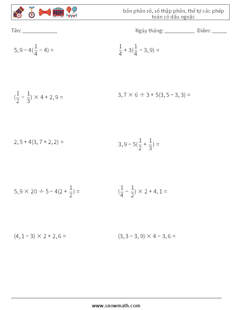 (10) bốn phân số, số thập phân, thứ tự các phép toán có dấu ngoặc Bảng tính toán học 17