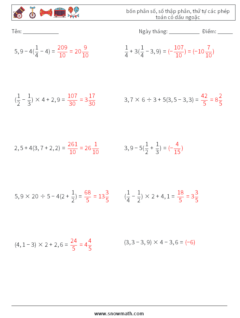 (10) bốn phân số, số thập phân, thứ tự các phép toán có dấu ngoặc Bảng tính toán học 17 Câu hỏi, câu trả lời
