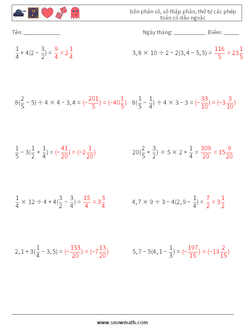(10) bốn phân số, số thập phân, thứ tự các phép toán có dấu ngoặc Bảng tính toán học 18 Câu hỏi, câu trả lời