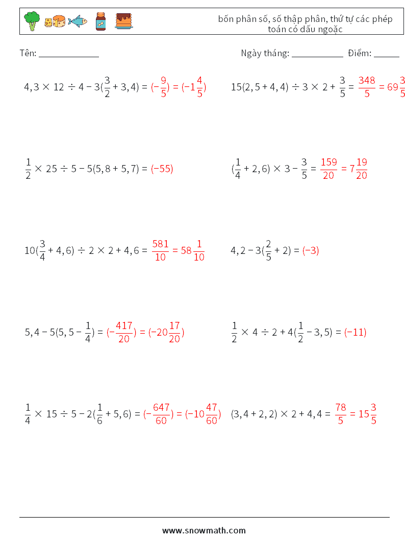 (10) bốn phân số, số thập phân, thứ tự các phép toán có dấu ngoặc Bảng tính toán học 6 Câu hỏi, câu trả lời