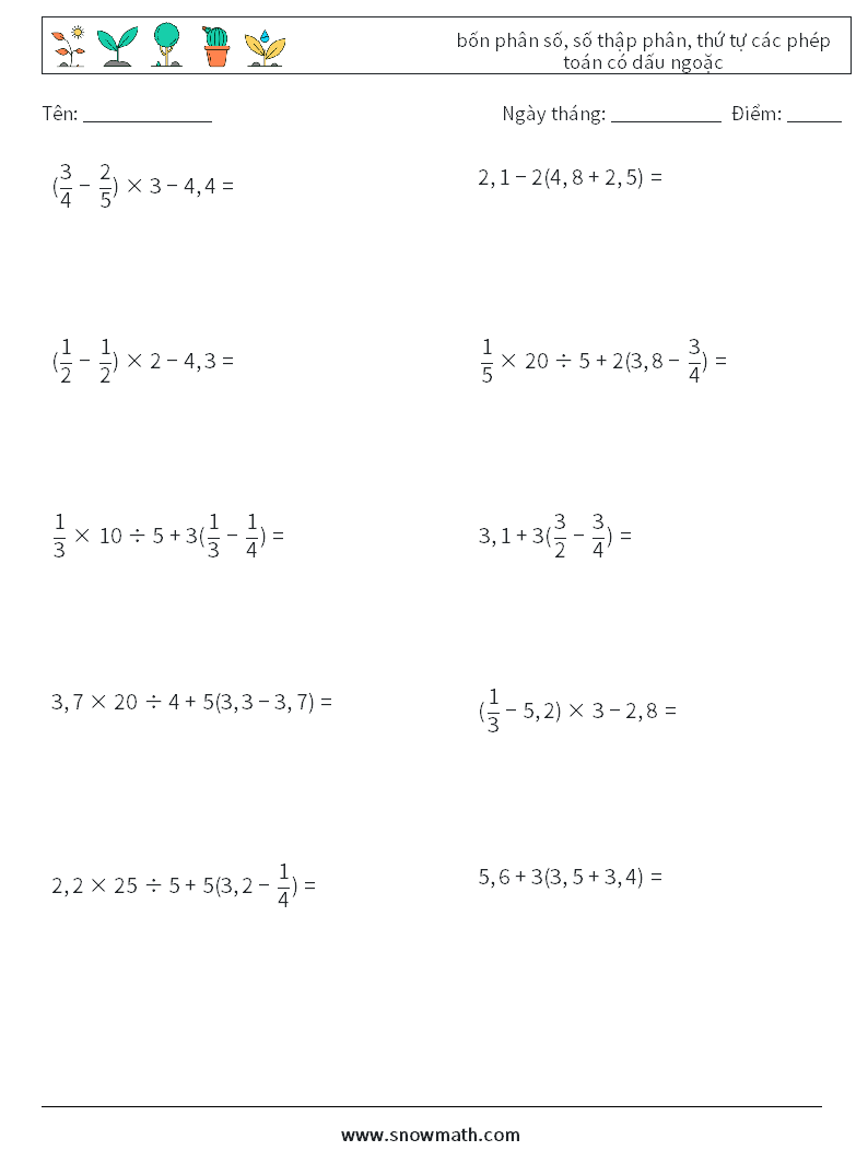 (10) bốn phân số, số thập phân, thứ tự các phép toán có dấu ngoặc Bảng tính toán học 8