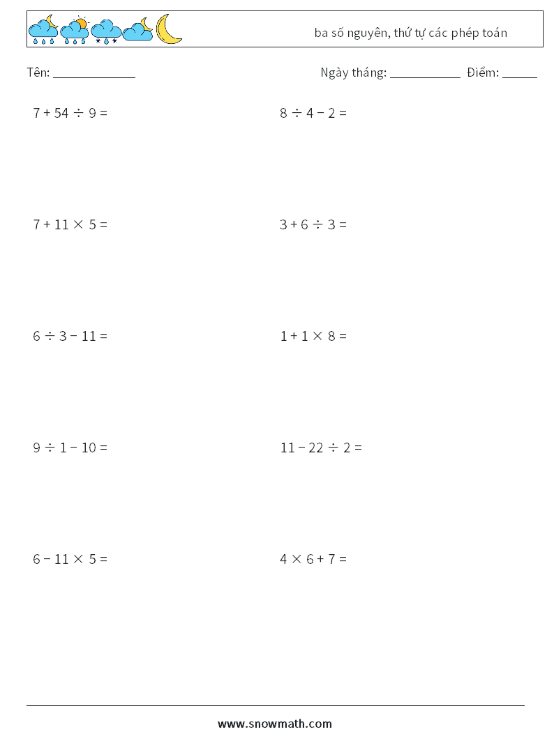 (10) ba số nguyên, thứ tự các phép toán Bảng tính toán học 12