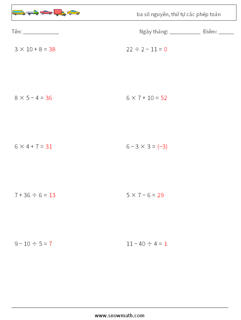 (10) ba số nguyên, thứ tự các phép toán Bảng tính toán học 2 Câu hỏi, câu trả lời
