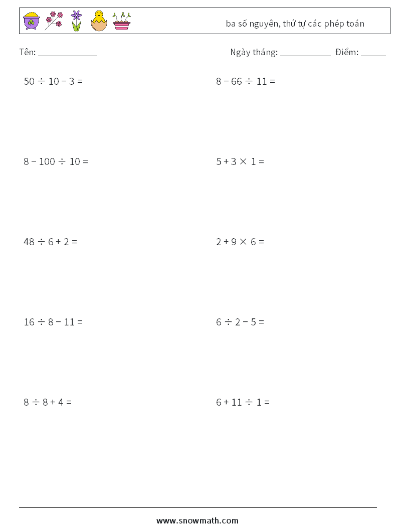 (10) ba số nguyên, thứ tự các phép toán Bảng tính toán học 4