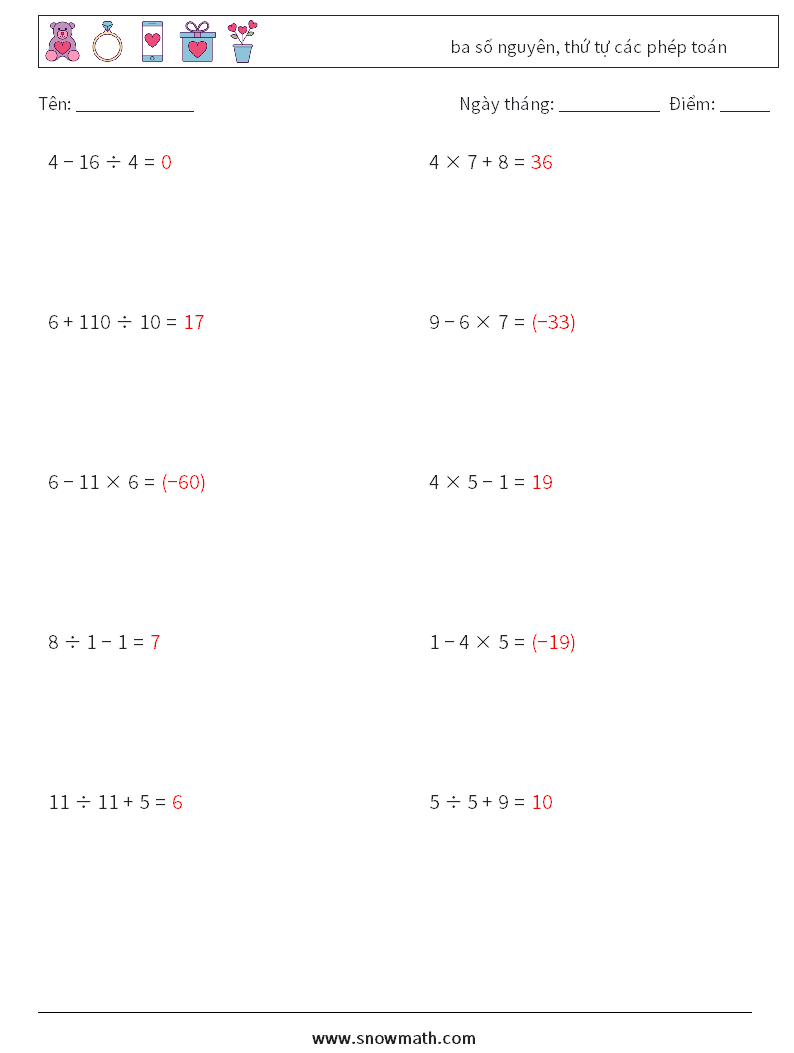 (10) ba số nguyên, thứ tự các phép toán Bảng tính toán học 5 Câu hỏi, câu trả lời