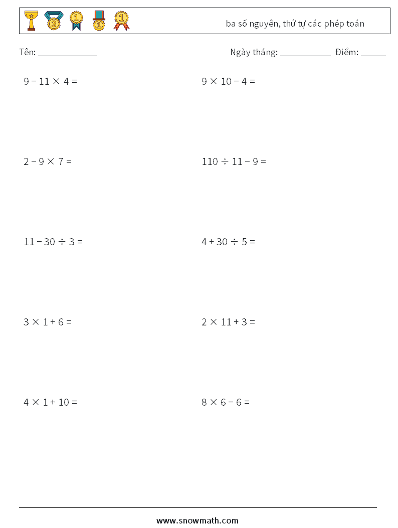 (10) ba số nguyên, thứ tự các phép toán Bảng tính toán học 9