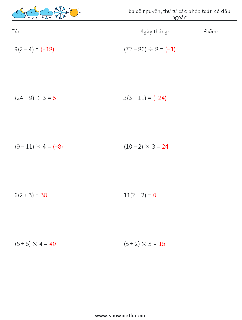 (10) ba số nguyên, thứ tự các phép toán có dấu ngoặc Bảng tính toán học 15 Câu hỏi, câu trả lời