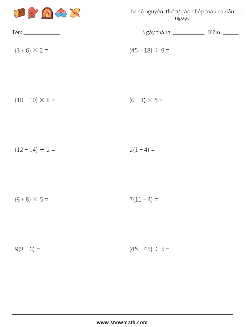 (10) ba số nguyên, thứ tự các phép toán có dấu ngoặc Bảng tính toán học 16