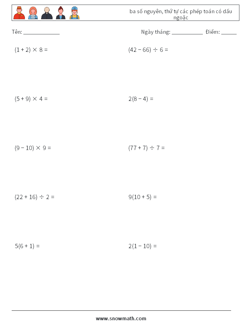 (10) ba số nguyên, thứ tự các phép toán có dấu ngoặc Bảng tính toán học 2
